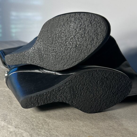 Coach SZ 7 Della Black Leather Wedge Heel Knee High Boot Closet Staple - Picture 9 of 11